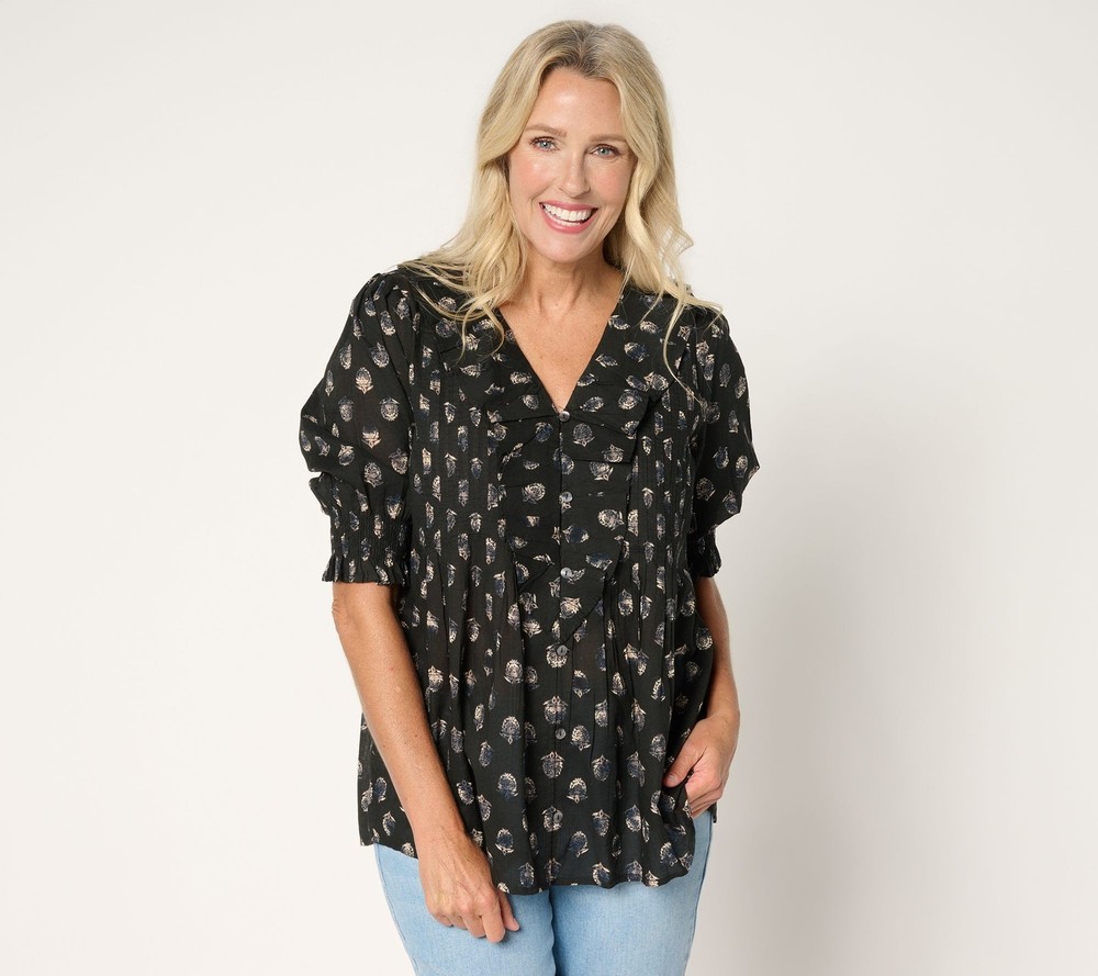 Ree by The Pioneer Woman Women's Top Plus Sz 1X Pier Printed 100% Black A726295
