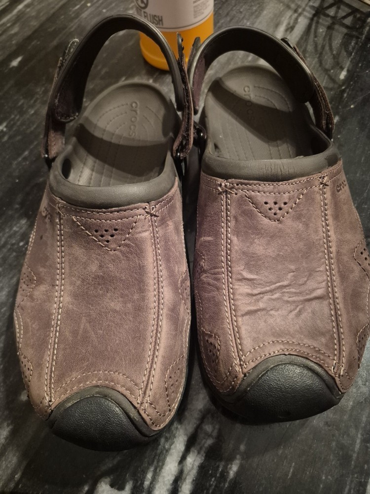 Crocs Leather Clogs Mule Shoes Brown Adjustable Strap Men's Size 11 Comfort
