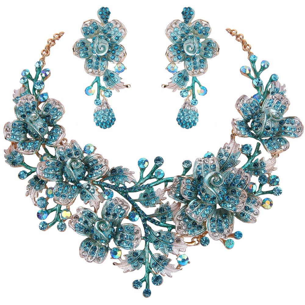 EVER FAITH Women's Crystal Elegant Flower Leaf Bridal Necklace Earrings Set