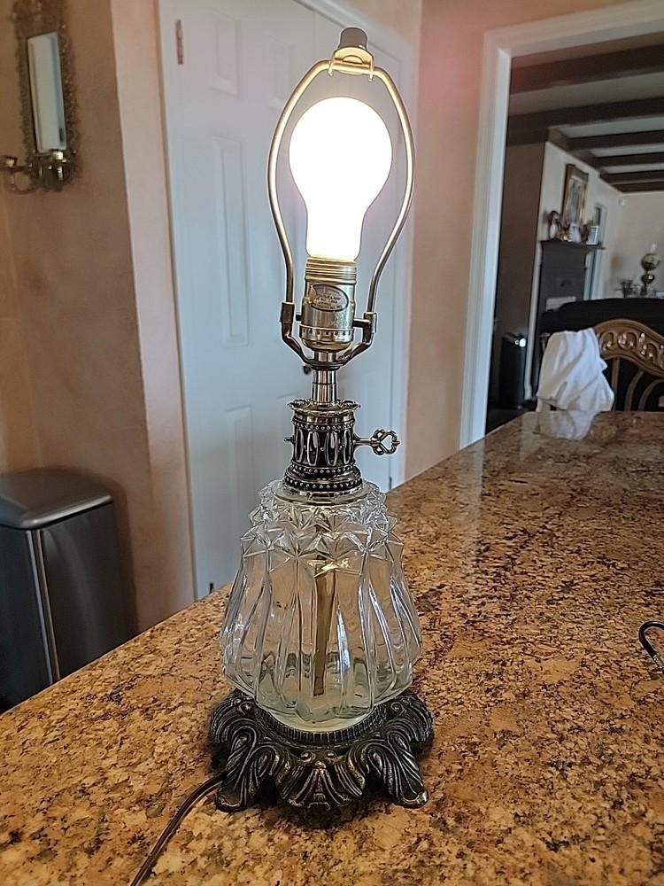 Accurate Casting Company Vintage Diamond Cut Glass & Table Lamp Metal Base-image