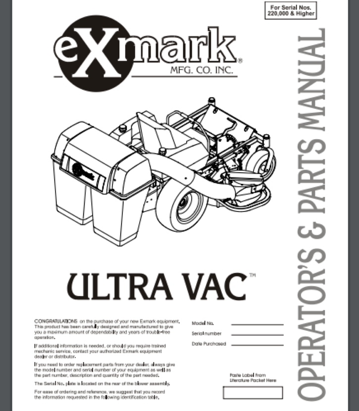 Exmark Ulta Vac Bagger Attachment Owner & Parts Manual 24 PGS 220,000 - 259,999