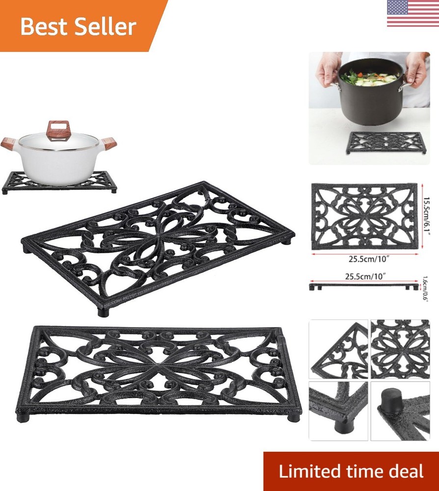 2Pcs Rectangle 10 x 6.1 Inch Cast Iron Trivet - Rustic Heat Resistant Metal T...