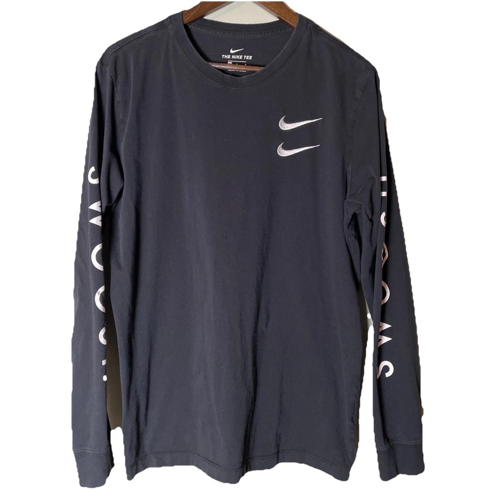 Nike Swoosh Long Sleeve Tee Size L Black & White Double Logo Casual Sporty