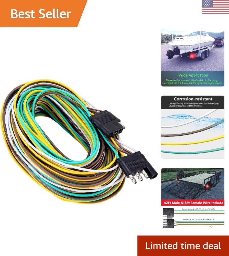 50Foot 4Pin Trailer Wire Harness, Premium Towing Wiring Solution, Extended Le...