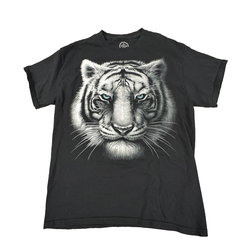 DOM Men's Black White Tiger Graphic T-Shirt Blue Eyes Size M Y2K Grunge