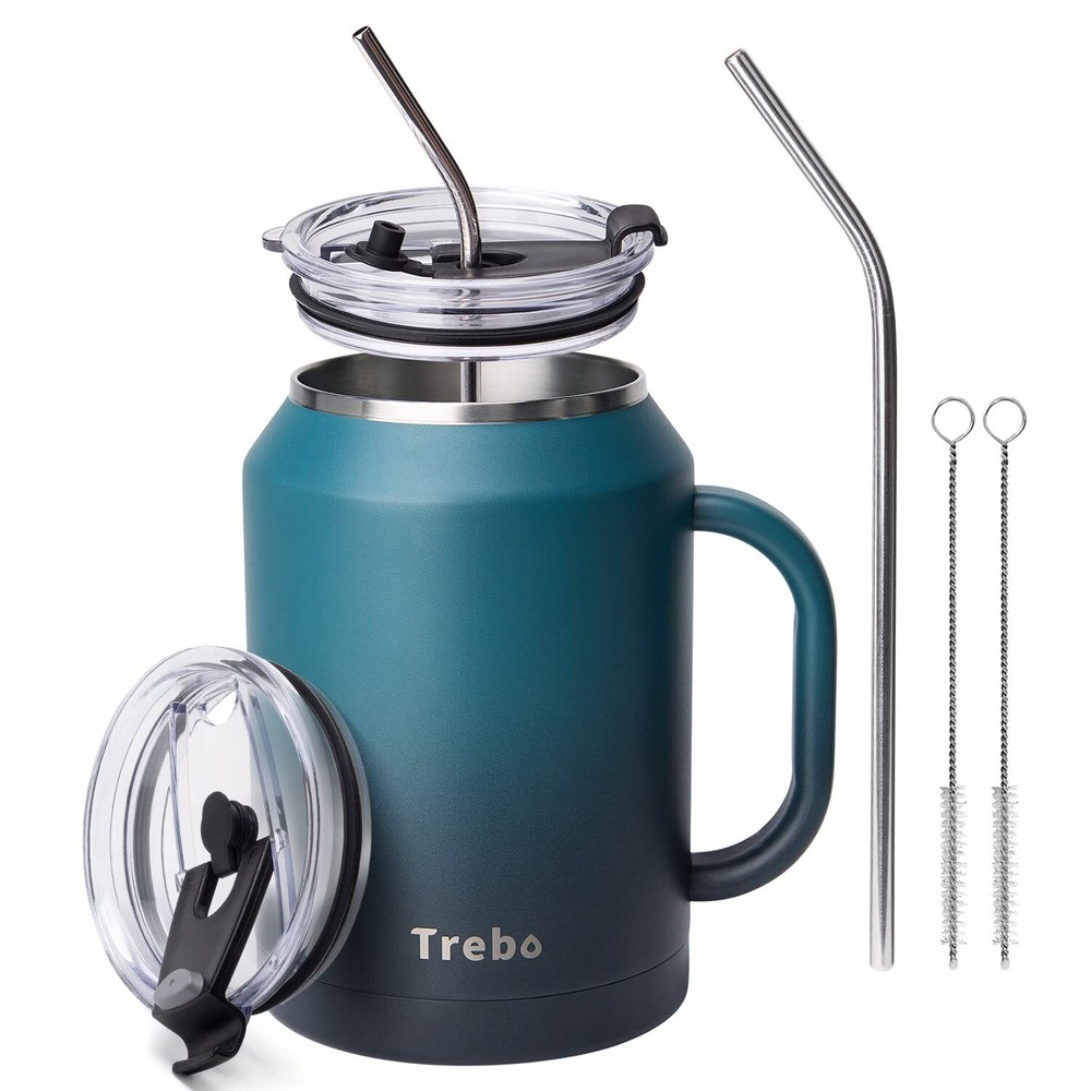 50 oz Mug Tumbler with Handle, Stainless Steel Coffee Cup with 2 Lids and 2 S...