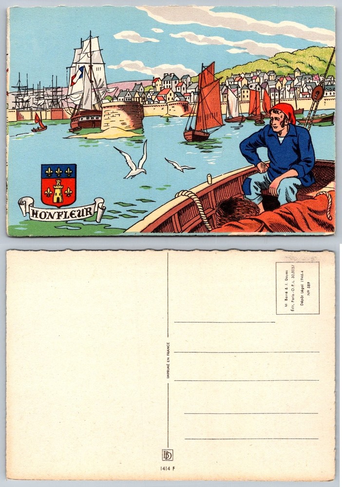 Vintage 1946 Honfleur France Harbor Postcard - Sailor, Boats, Illustrated Art