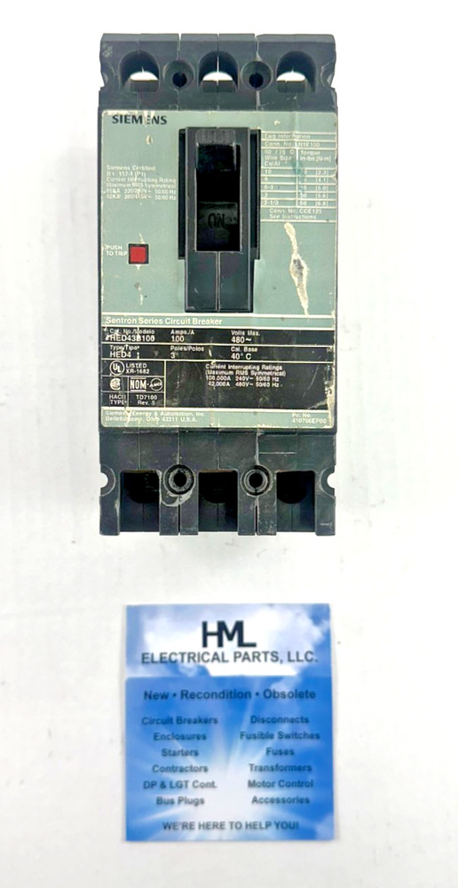 Siemens, Hed43B100, 100A, 480V, 3 Pole, Cirucit Breaker *Reconditioned
