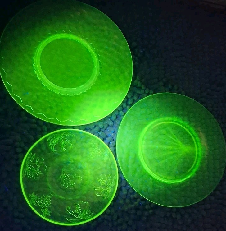 Uranium Glass Plate Lot 3 Green Depression Glow UV Reactive Vintage
