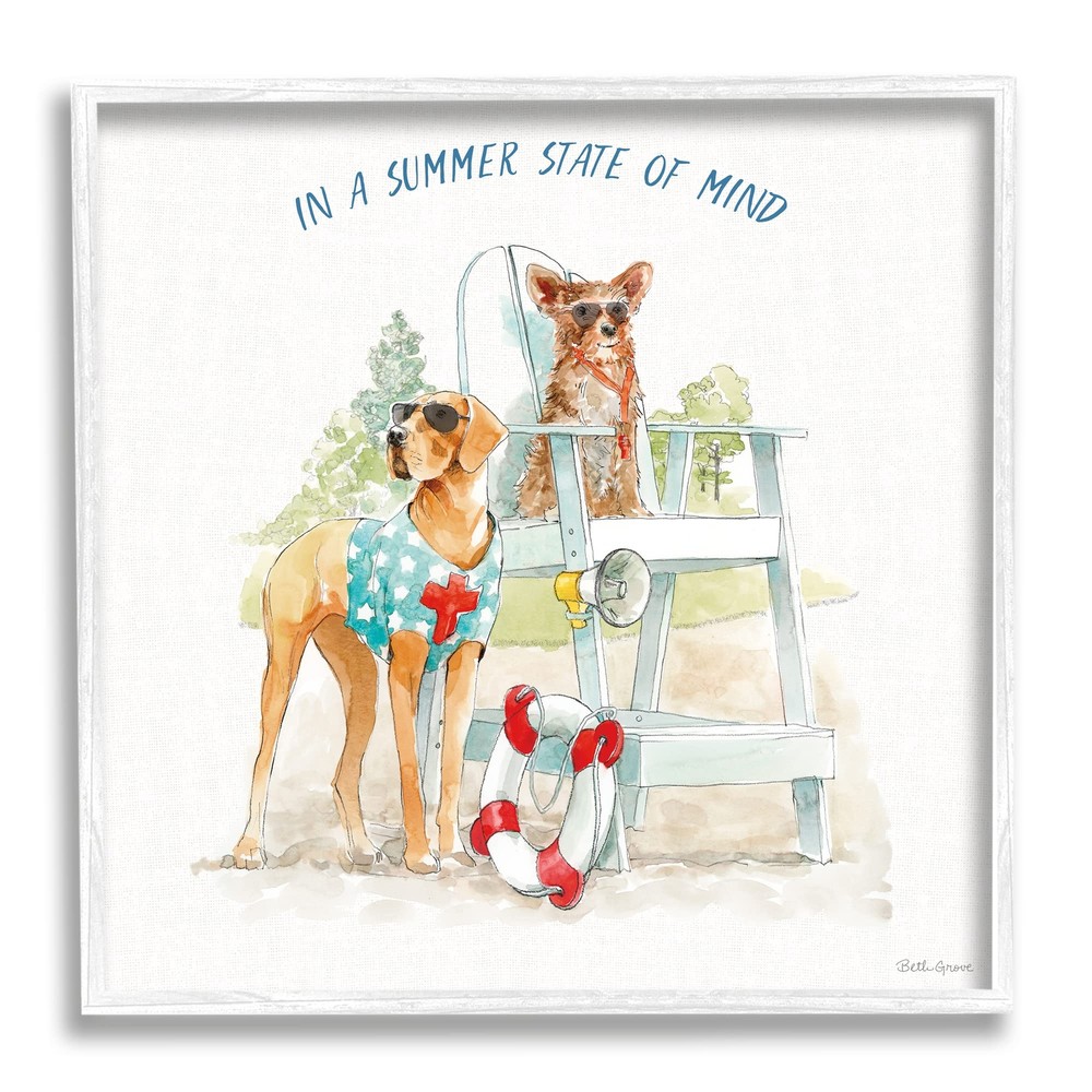 State of Mind Phrase Summer Lifeguard Dogs White Framed Wall Art, 17 x 17, Or...