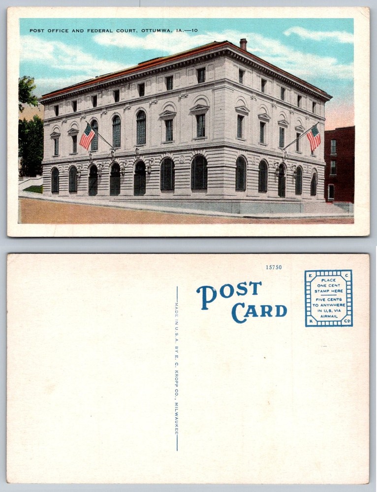 Ottumwa Iowa Post Office & Federal Court Linen Postcard E.C. Kropp