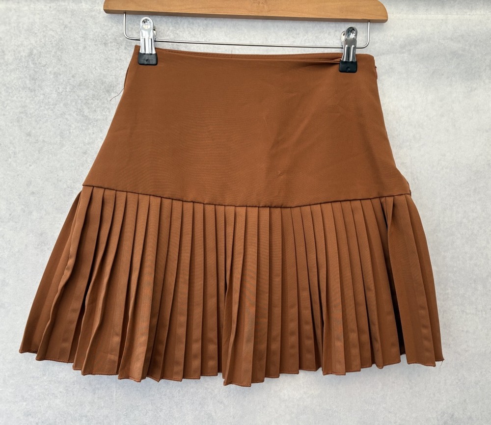 Brown Pleated Mini Skirt for Women Size S 24