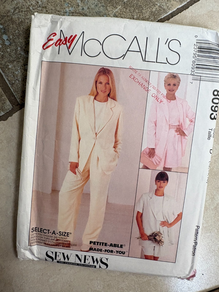 McCalls 8093 sewing pattern: EASY Separates Shorts/Pants/jacket Size 12-16 UNCUT