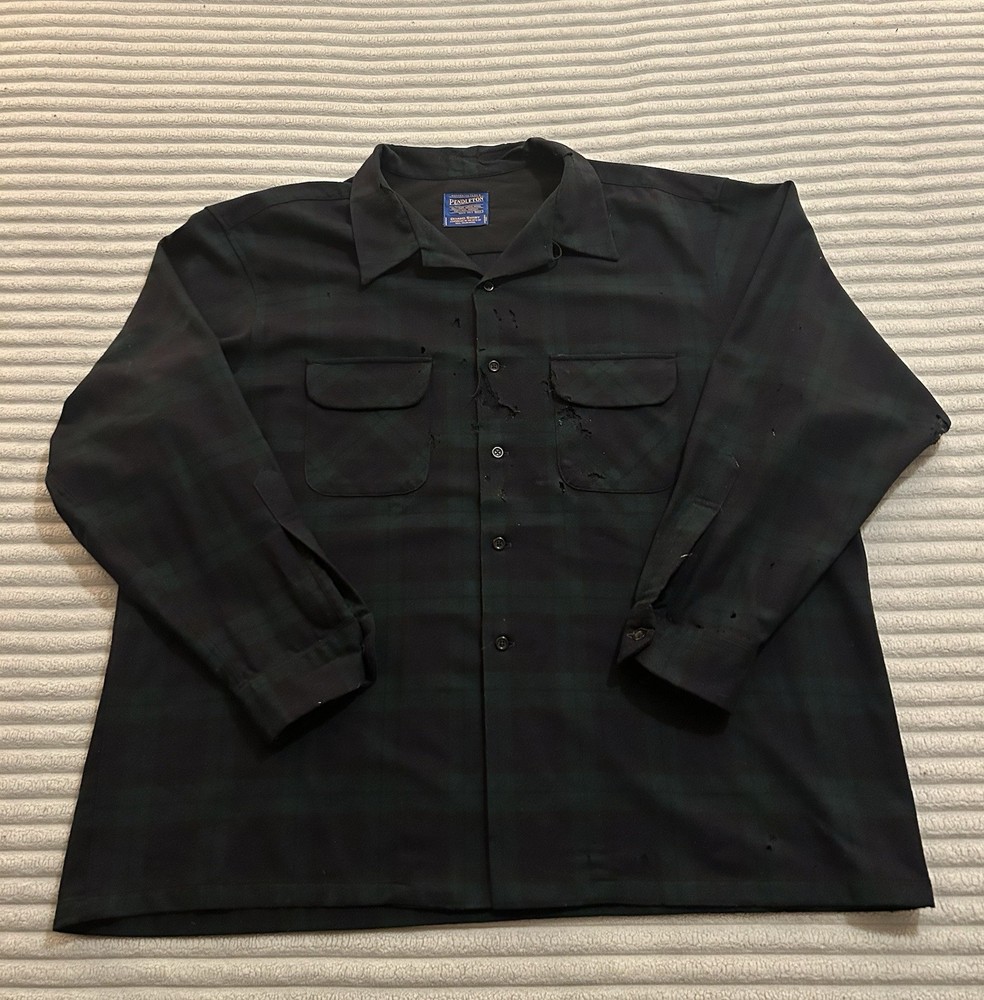 Pendleton Men's Vintage Wool Board Shirt, Size XXXL, Distressed, Green Plaid
