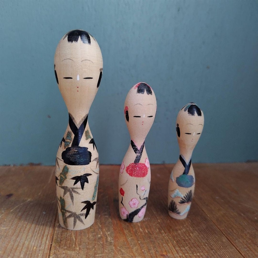 Kokeshi Vintage Set 3 Piece Showa Retro Wooden Dolls Local Toy Woodwork