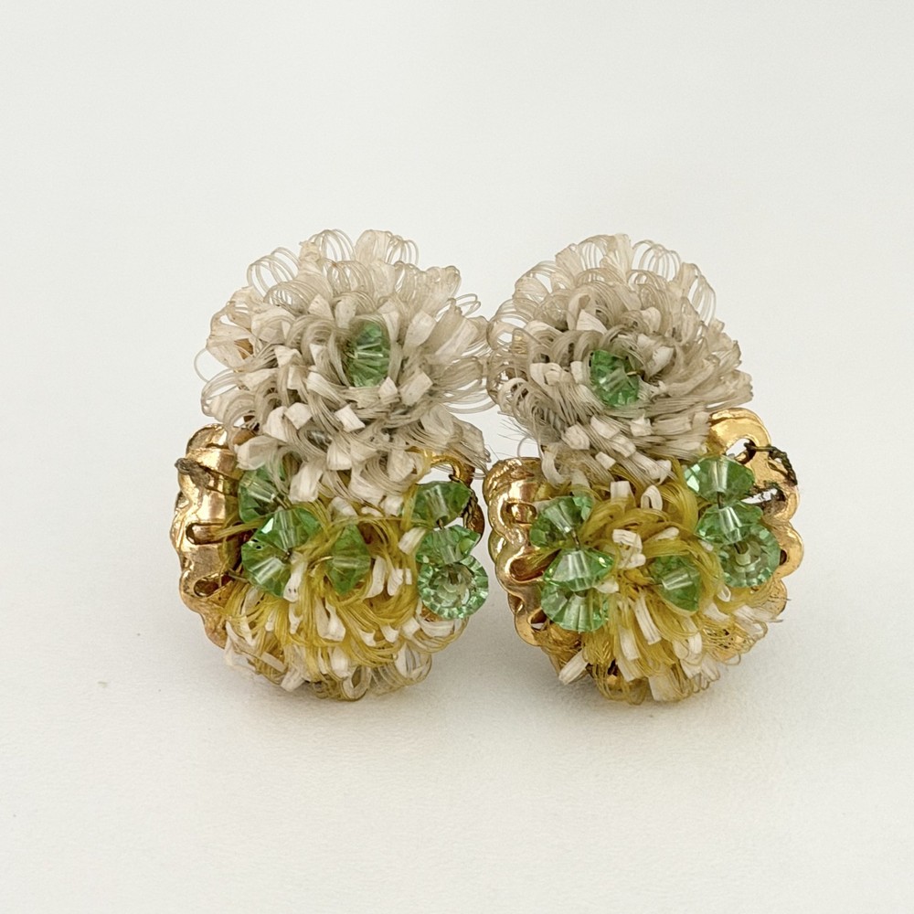 Vintage Hobe Signed Green White Flower Gold Tone Clip On Earrings