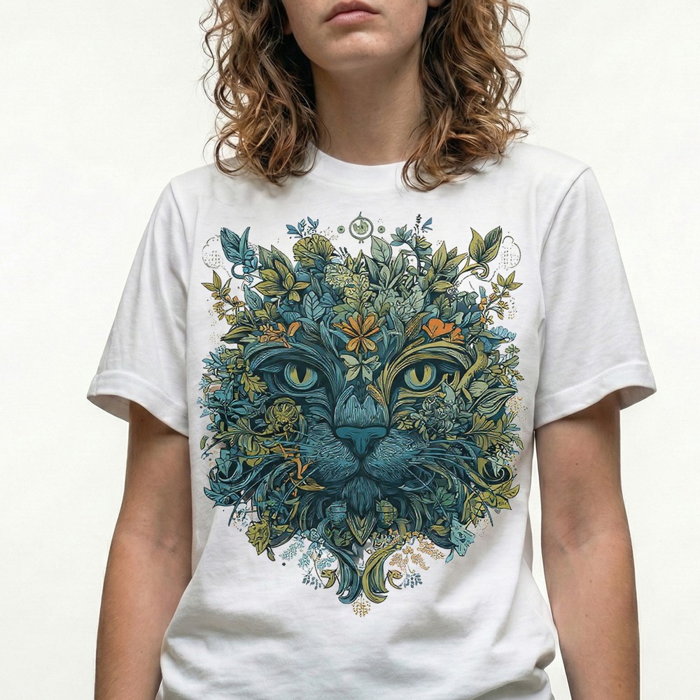Botanical Floral Cat T-Shirt Vintage Retro Nature Tee Funny Gift