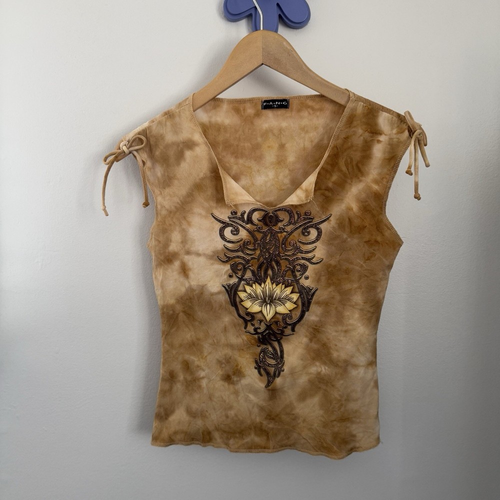 Y2K Vintage Small Crop Top Light Brown Tie Bye Tattoo Print Tied Grunge Biker