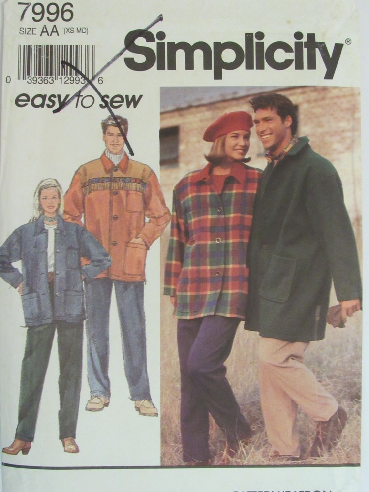 OOP SIMPLICITY 7996 Mens/Misses/Teens Coat or Jacket & Pants PATTERN XS-S-M UC