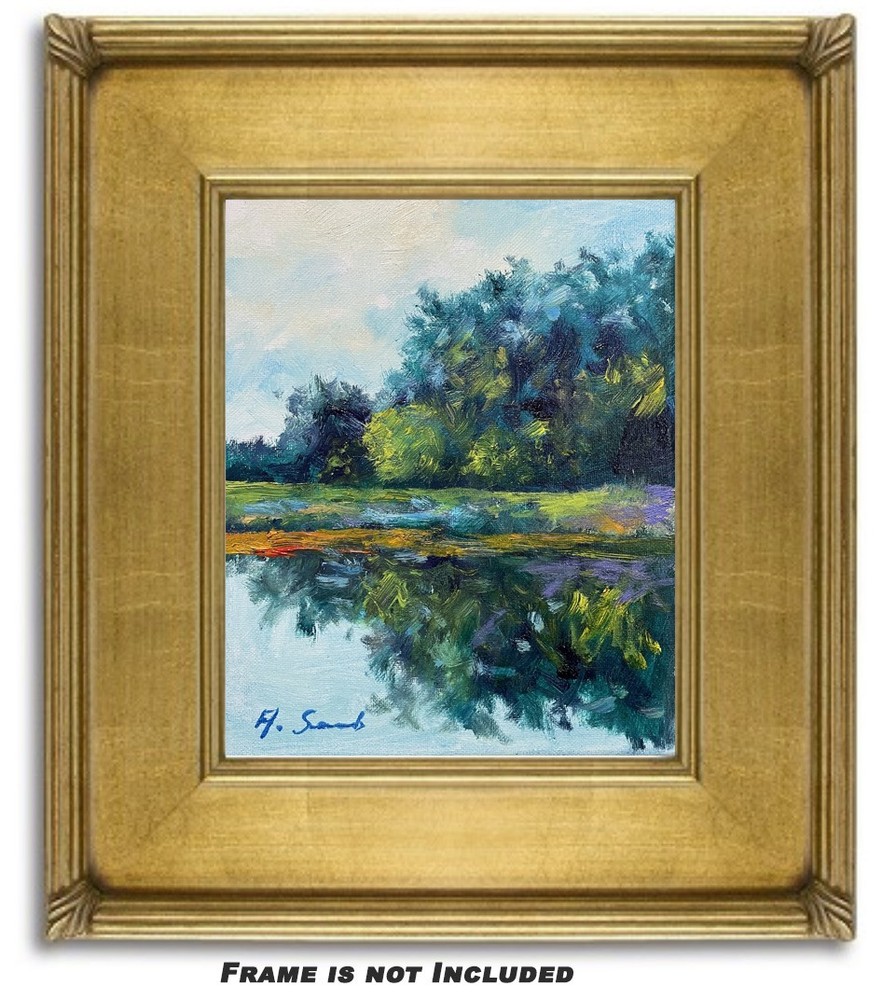 Original Impressionist Landscape Oil Painting Lake Reflection Forest Wall Art