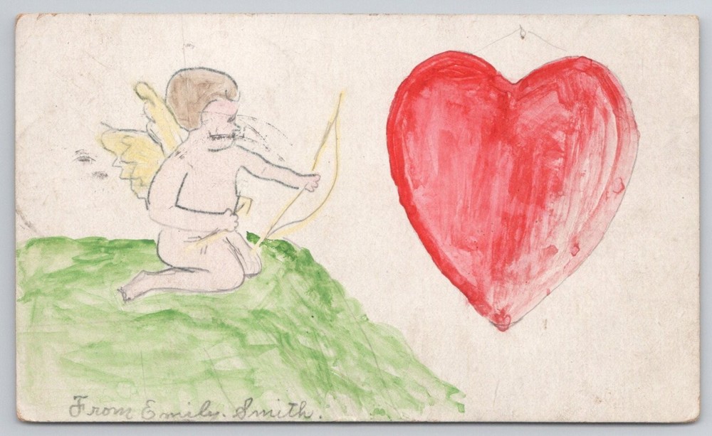 1908 Valentine's Day Postcard Hand-Drawn Cupid & Heart Lehighton PA