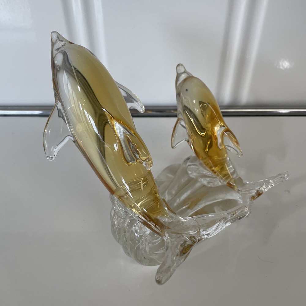 Vintage Murano Glass Dolphins Figurine Adventurine Riding Wave