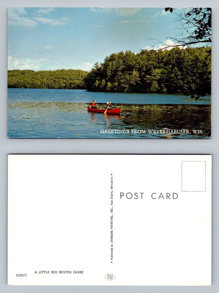 Weyerhaeuser, WI-Wisconsin, Lake Canoe Scene Little Red Boat Vintage Postcard