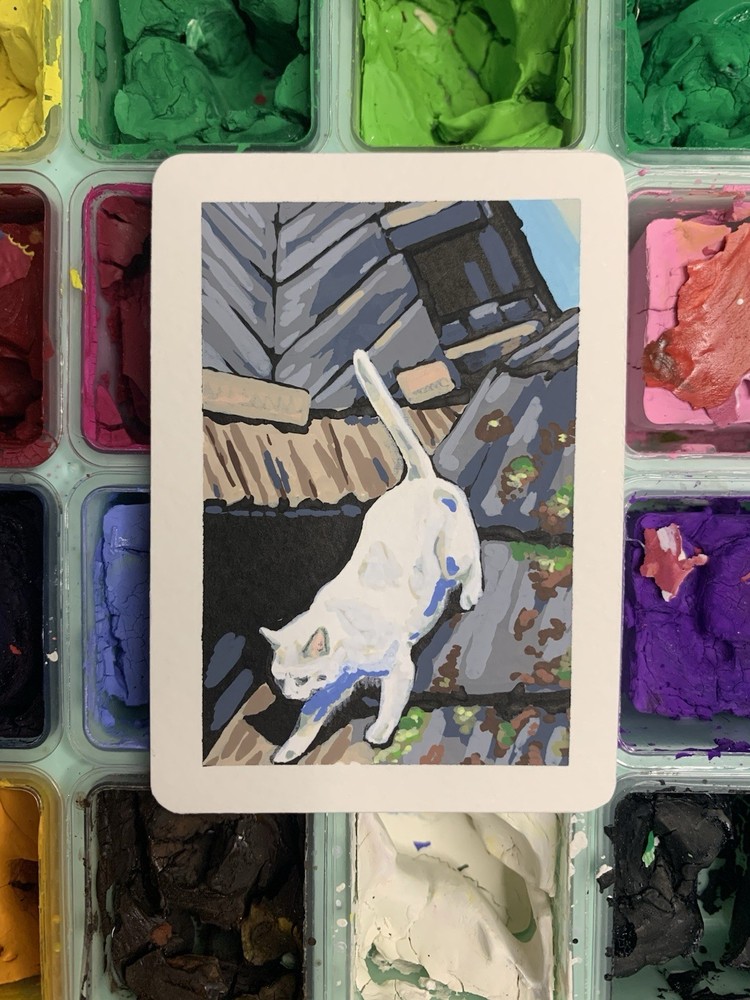 Original ACEO White Cat On A Roof OOAK Miniature Acrylic Painting By KAZ