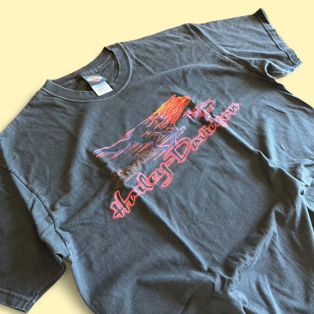Vintage Harley-Davidson Flaming Wolf Ventura California T-Shirt Black Large USA