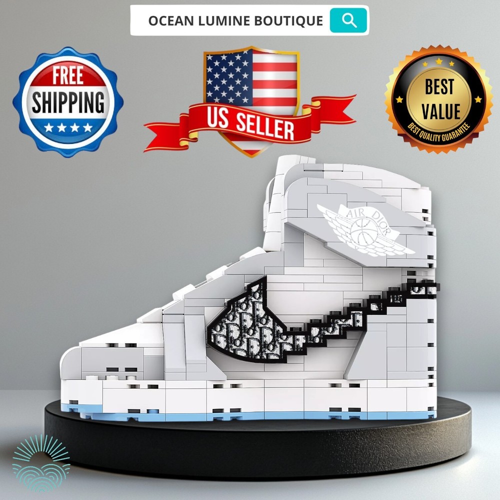 Jordan 1 Gray Sneaker Building Bricks, Matching Key Chain, Puzzles Blocks Toy