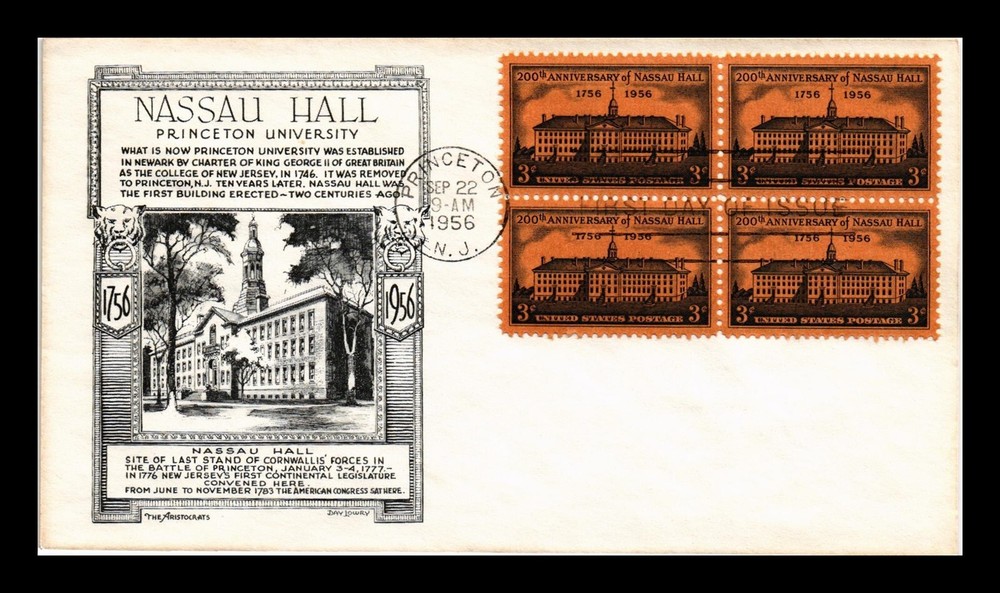 DR JIM STAMPS US COVER NASSAU HALL 200TH ANNIVERSARY FDC BLOCK LOWRY ARISTOCRATS