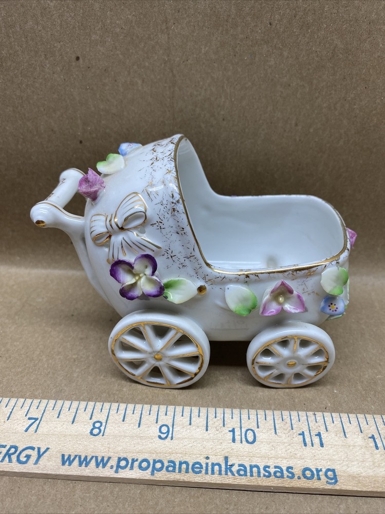 Vintage 1950s Porcelain Napco Japan Baby Stroller Buggy Nursery Figurine