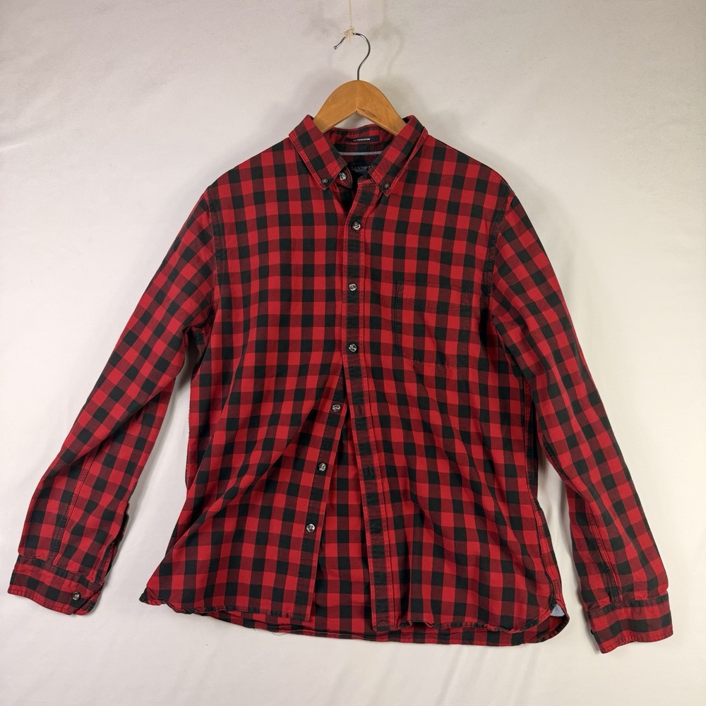 Lands End Kids Long Sleeve Button Up Shirt Size L 16 Plaid Red Cotton Slim Fit