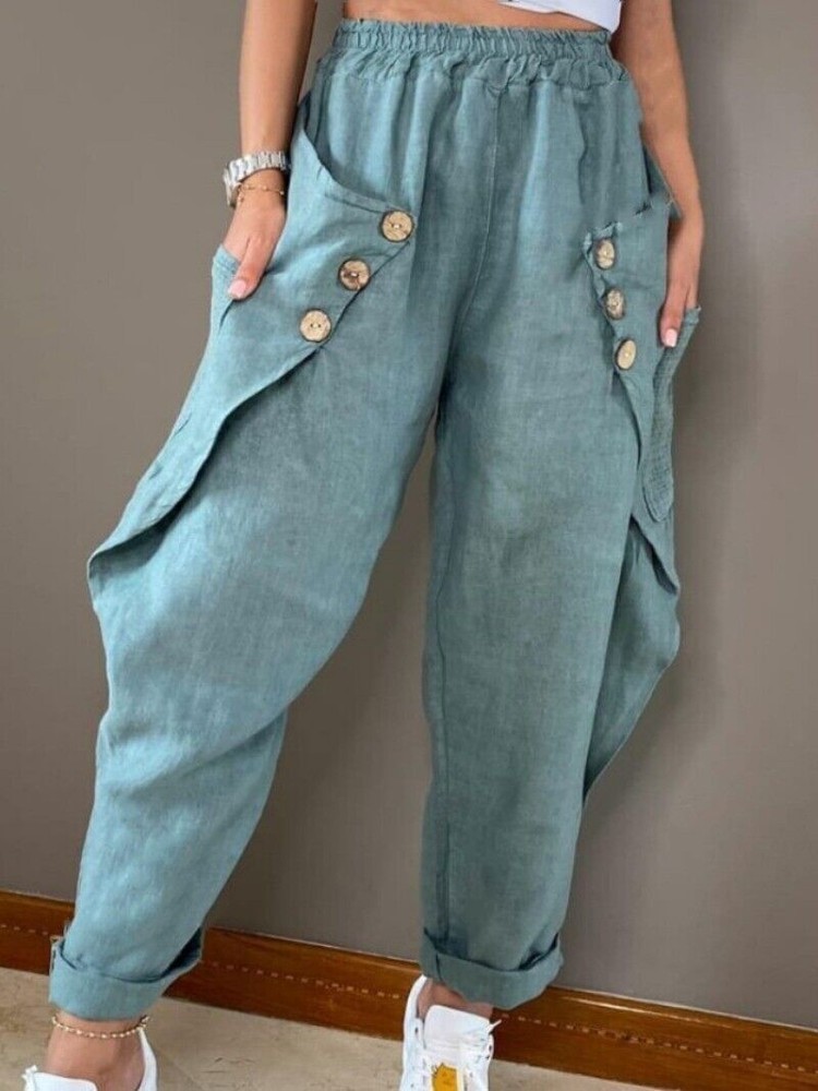 2023 Cotton Linen Harem Joggers Women's Elastic Waist Trousers