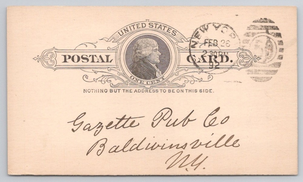 1892 US Postal Card Baldwinsville NY New York Postmark George Washington 1 Cent