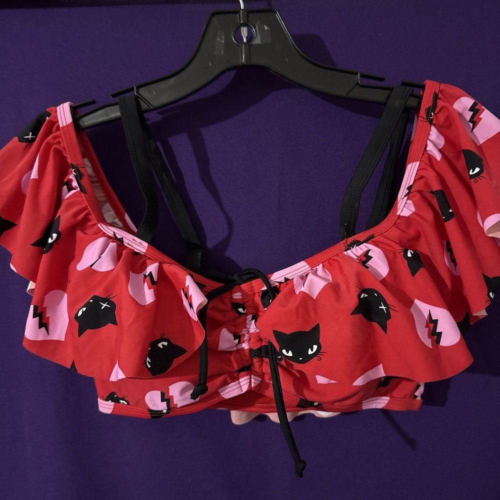 Emily The Strange Small Red Bathing Suit Top with Black Cats & Pink Hearts