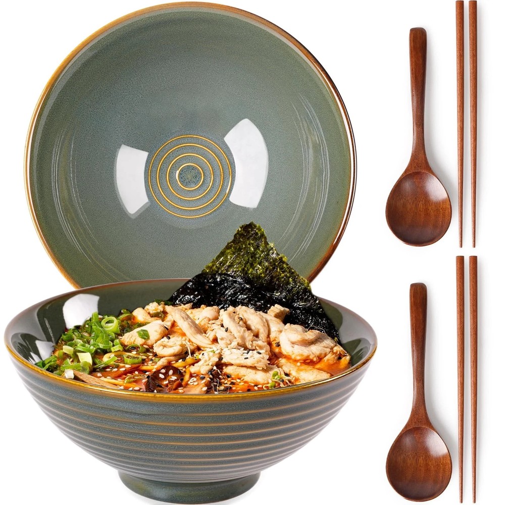8 Inch Ceramic Ramen Bowl Set of 2 Pho Bowls 40oz Japanese Noodle Udon Soup B...