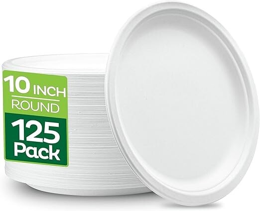 100% Compostable Plates Bagasse, Heavy Duty Disposable 125-Pack Plates 10 Inch