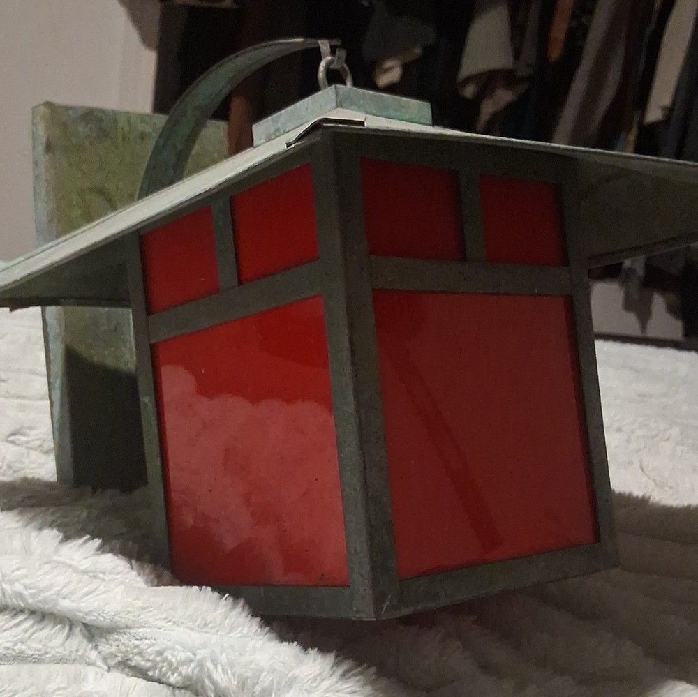 Arroyo Craftsman Wall Mounted Green Patina Metal Lantern W/ Red Panes