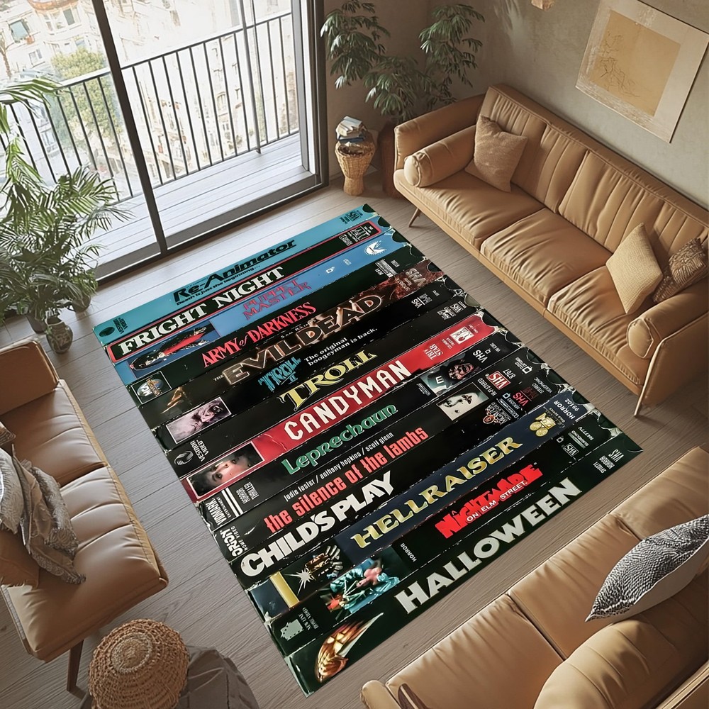 Halloween VHS Horror Rug, Home Theater Decor, Movie Room Gothic, Nostalgic Decor