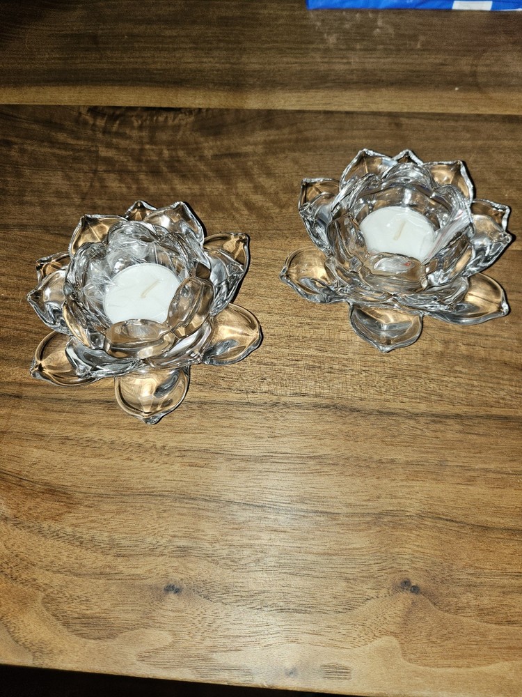 Vintage Glass Lotus Votive Holders. Pair. Heavy.