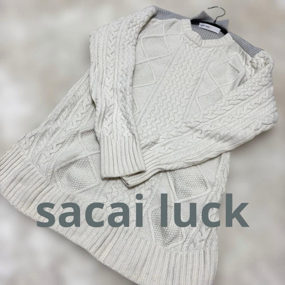 sacai luck Aran Cable Knit Sweater M Long Sleeve Wool Blend Japan Made