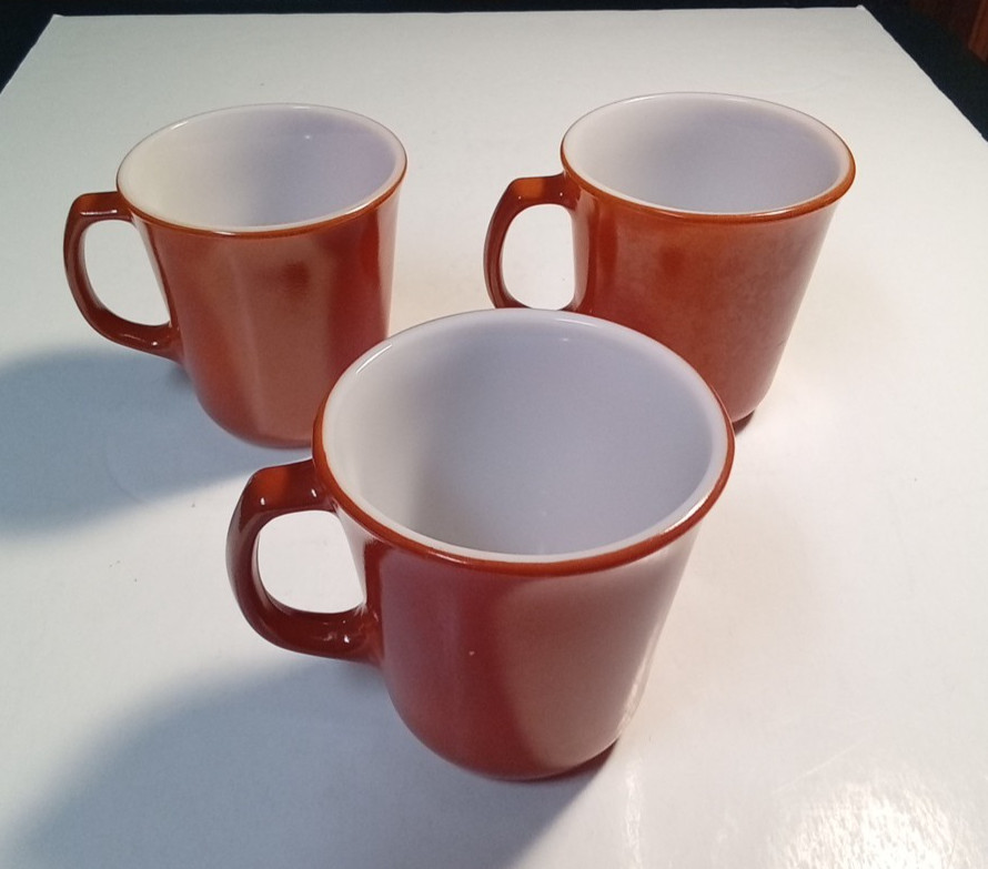 Corelle Corning Burnt Orange Mugs D Handle Milk Glass Coffee Cups VTG Set of 3