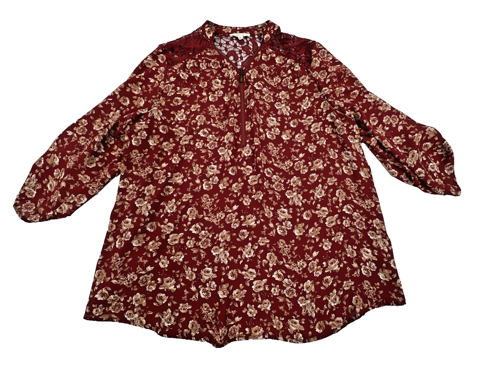 Maurices 1/4 Zip Sheer Top Boho Cottagecore Red Floral Blouse. Women's XL