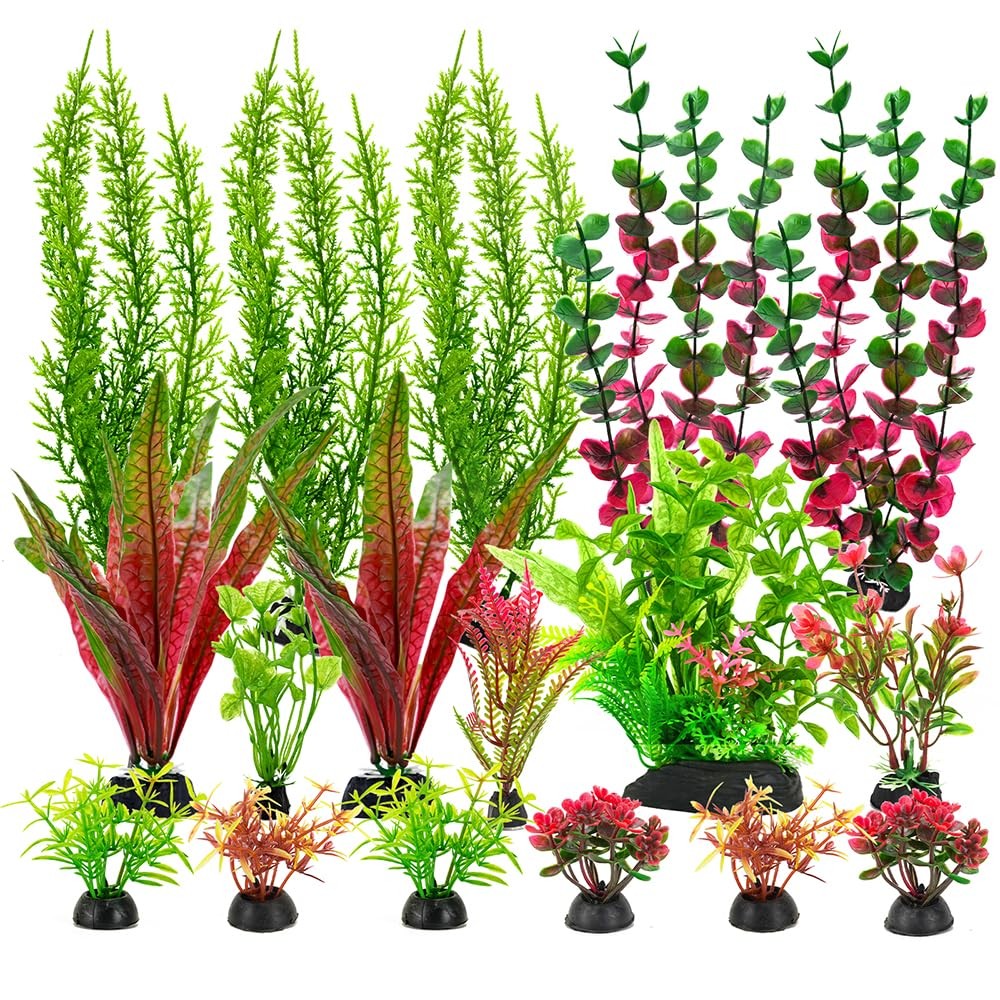 18-Piece Large Artificial Aquarium Plants Set in Red & Green for Fish Tank Decor