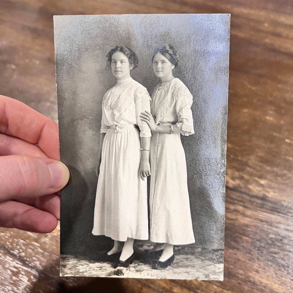Vintage Postcard Two Women Posed In Elegant White Dresses Antique Photo RPPC