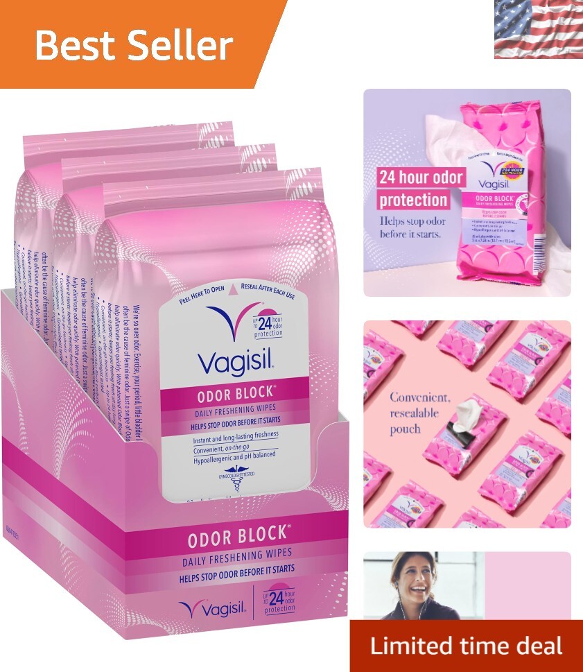 Hypoallergenic 24-Hour Odor Block Wipes for Women - Pack of 60 Disposable Wipes