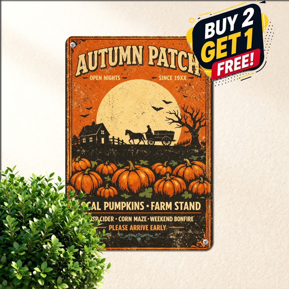 Sleepy Hollow Farm Vintage Tin Sign Pumpkin Patch Halloween Retro Wall Decor