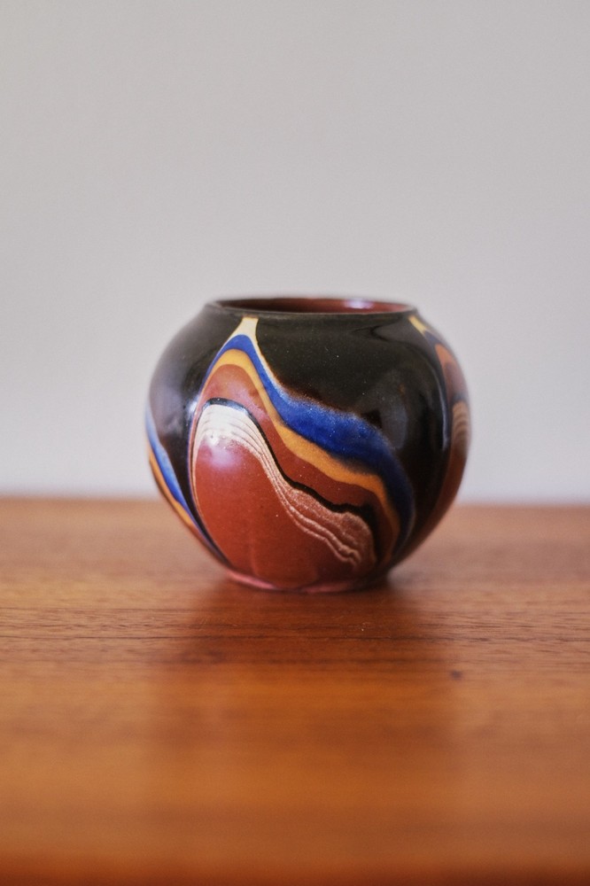 Vintage Bulgarian Troyan Pottery Redware Vase Terra Cotta Marble Glaze Miniature