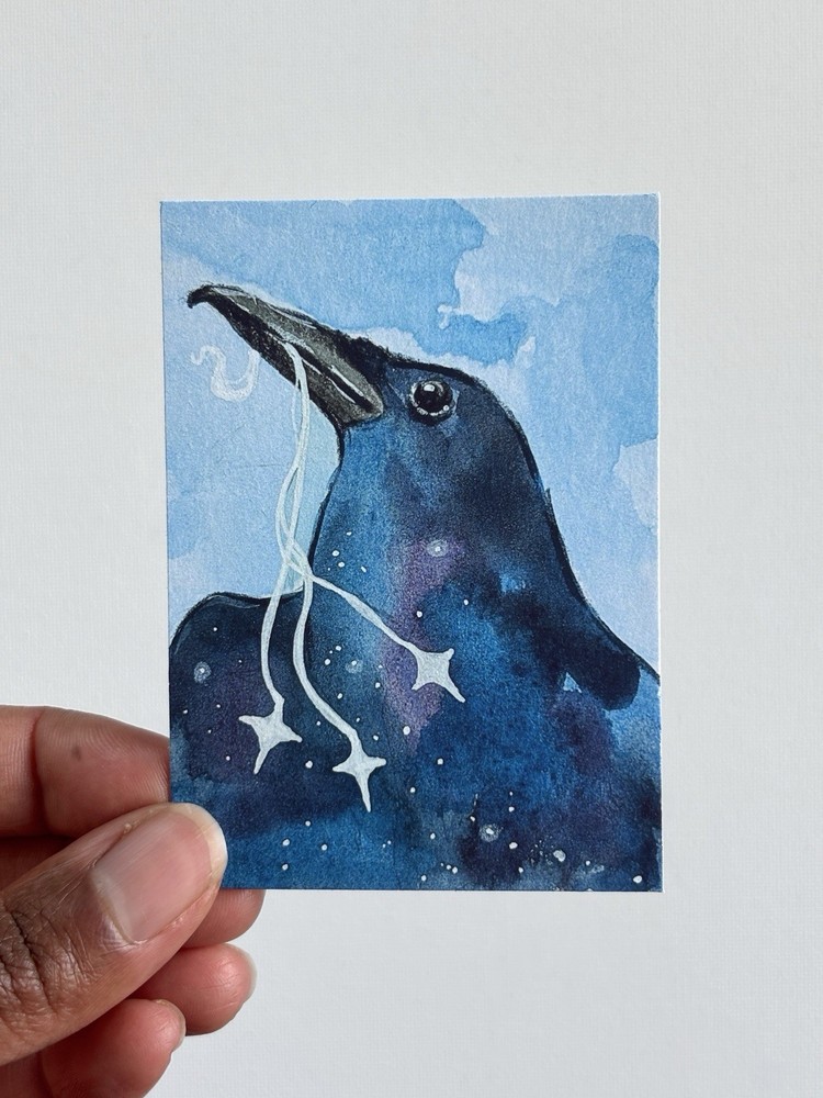 ACEO PRINT, Celestial Raven With Stars, Mini Art Painting, Abstract Bird-image